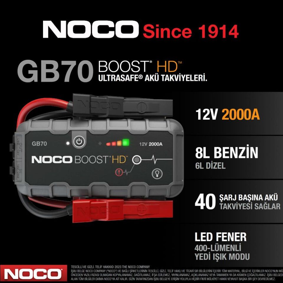 Noco Boost HD GB70 12V 2000 Amper Lityum Akü Takviye + Powerbank + Led Lamba