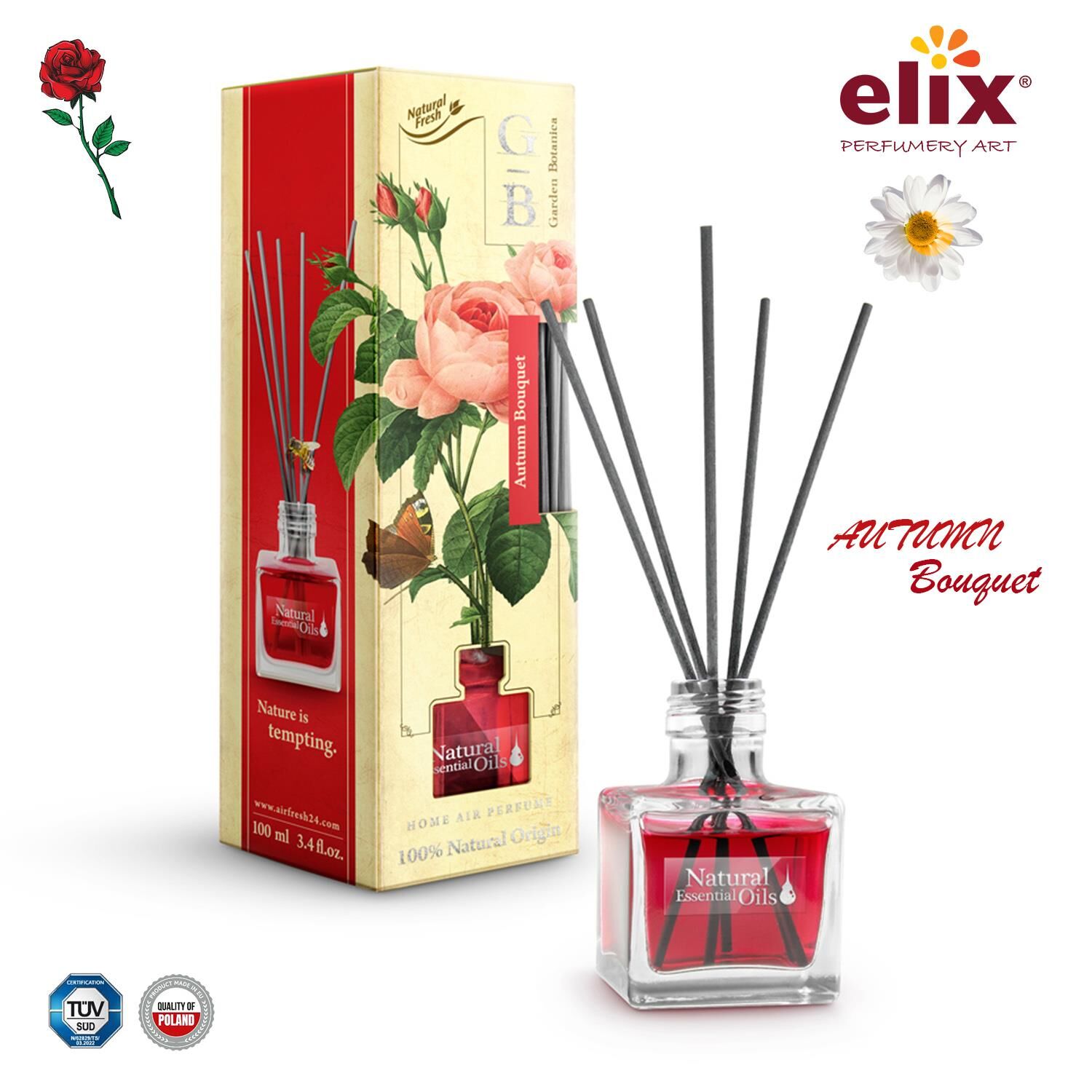 ELIX Dogal Çiçek Esanslari içeren, Ev - Ofis Kokusu 100ml. - Gül, Menekse