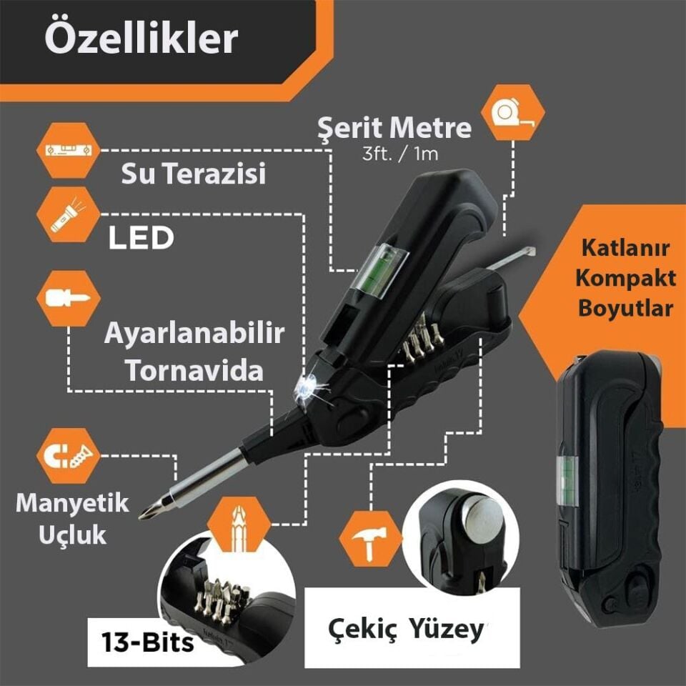 Kingsdun 13 i 1 Arada Metreli ve Terazili Çok Amaçli Ledli Tornavida Seti KS-870017