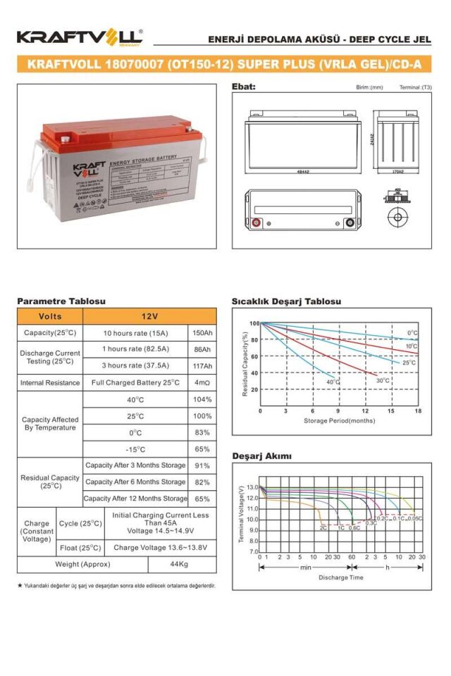 Kraftvoll 12V 150AH(10HR),165AH(20HR) Super Plus Cd Deep Cycle Gel Akü 18070007