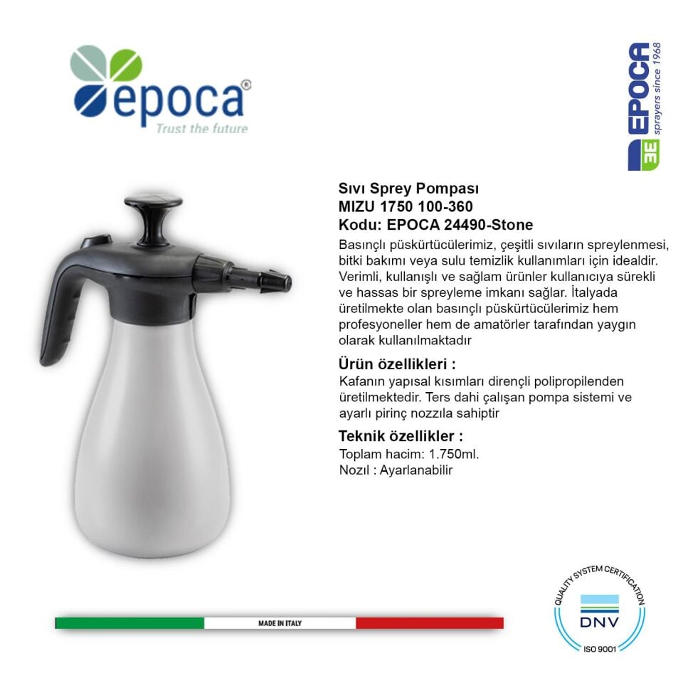 Epoca MIZU 1750 Teracotta ve Stone Rengi Sivi Püskürtme  Pompasi 1,75Lt.