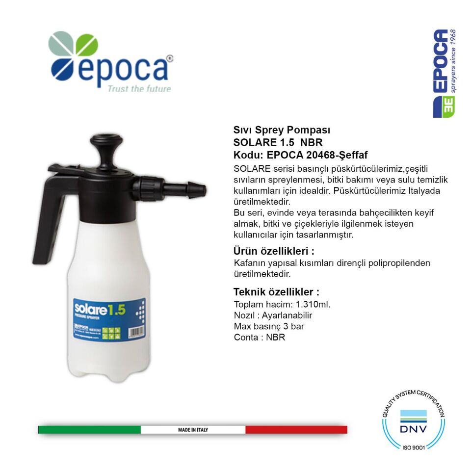 Epoca SOLARE 1,5 seffaf Renkli Sivi Püskürtme  Pompasi 1,3Lt.